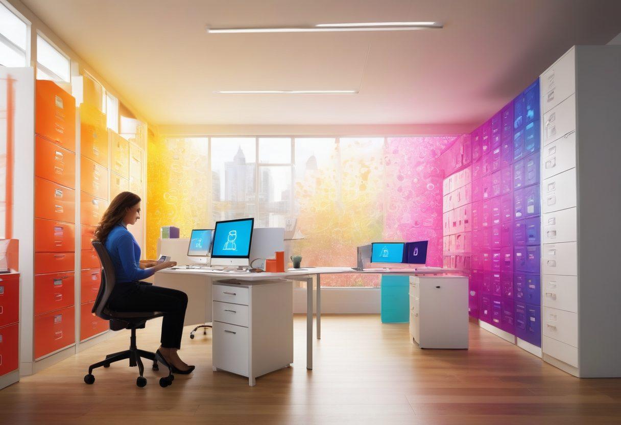 A vibrant, modern office setting showcasing an array of high-tech storage solutions, with colorful file cabinets and cloud storage symbols. In the foreground, a cheerful person is organizing digital files, surrounded by visual representations of secure backups such as locks and shields. The background features a digital landscape with flowing data streams and joyful elements like sunbeams and smiles. super-realistic. vibrant colors. clean and minimalist layout.