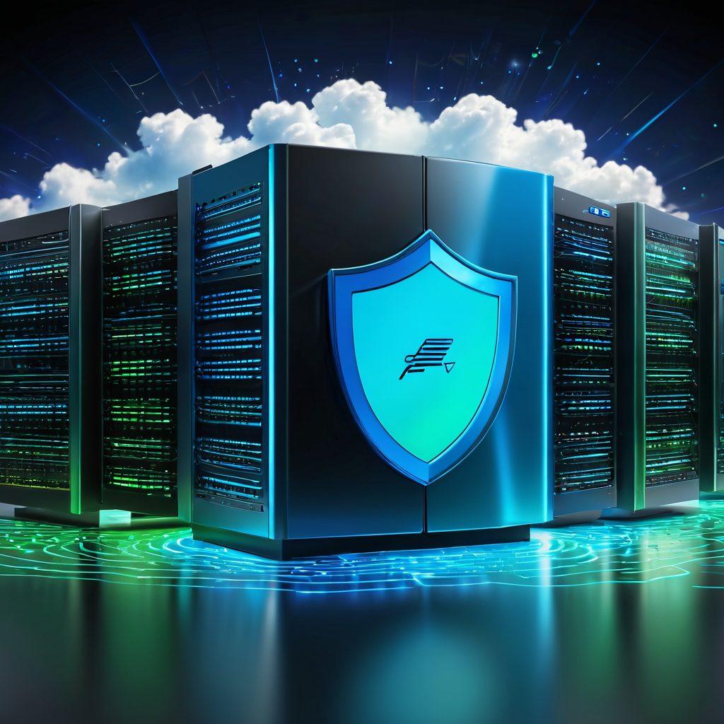 A futuristic digital landscape showcasing a secure vault filled with luminous data storage devices. Streamlined, sleek designs representing super storage solutions such as cloud servers and hard drives in vibrant shades of blue and green. Illustrate a shield symbol integrated into the scene, symbolizing security and data protection. The background features abstract binary code flowing like a digital river, emphasizing preservation. super-realistic. vibrant colors. 3D.