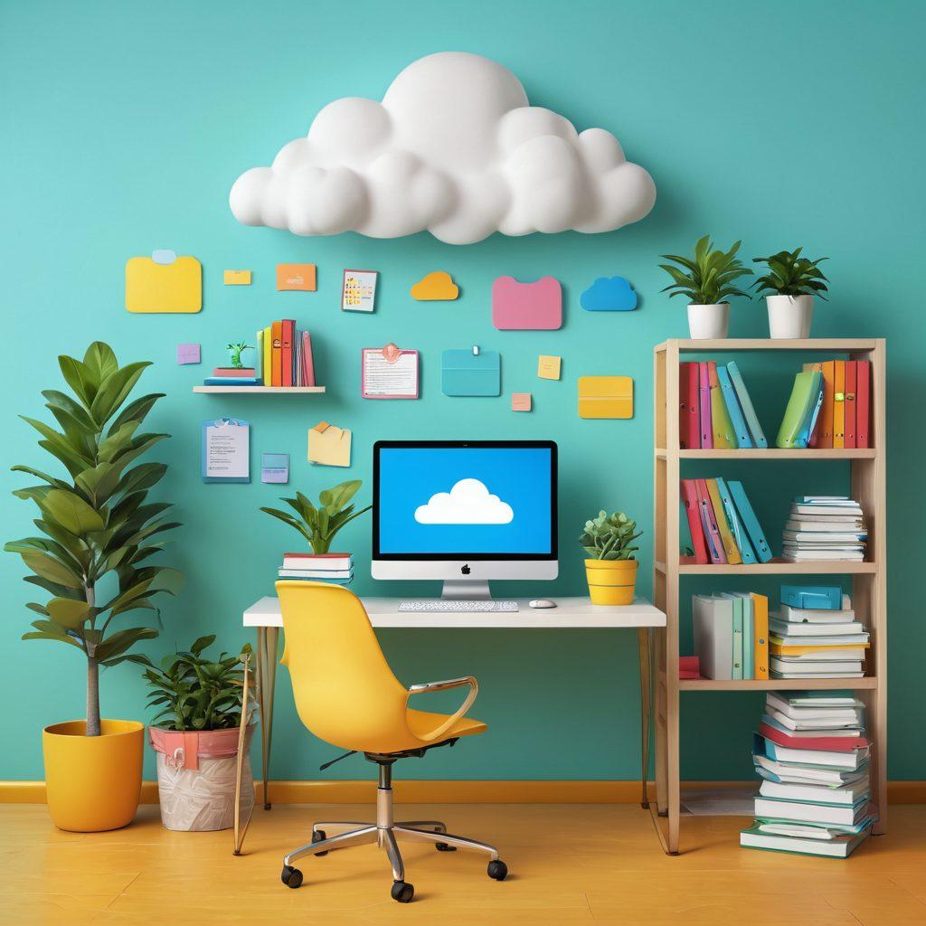 A serene and whimsical digital workspace featuring a cheerful character effortlessly backing up files on a brightly colored computer with floating cloud icons surrounding them. The workspace is adorned with playful elements like books, plants, and colorful folders, symbolizing organization and joy. Bright and inviting colors convey a sense of happiness and ease in digital file management. vibrant colors. cartoon style.